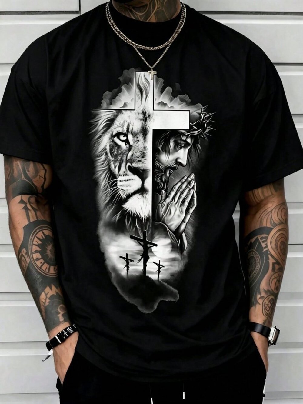 Black Casual Men's Lion Cross Print T-shirt